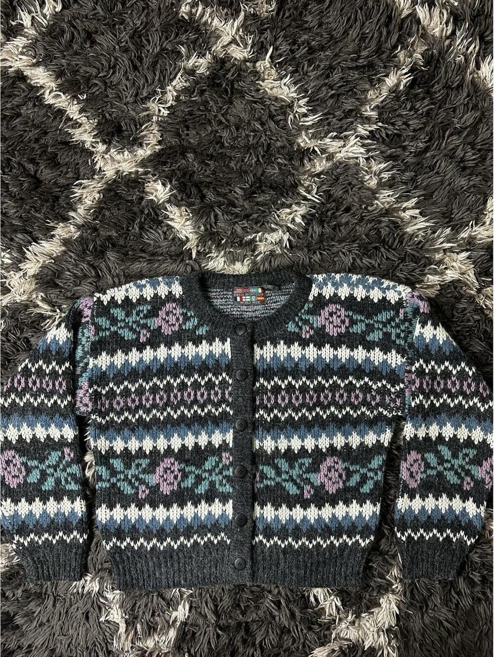 Paris Sport Club Vintage Fair Isle Cardigan Sweater Womens Medium Knit Coquette